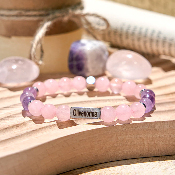 Olivenorma Amethyst Rose Quartz Beaded Engraved Bracelet - Amethyst & Rose Quartz - 4th Engraving - image 0