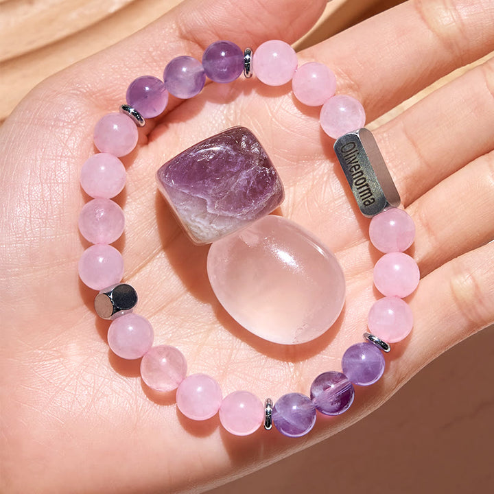Olivenorma Amethyst Rose Quartz Beaded Engraved Bracelet - image 2