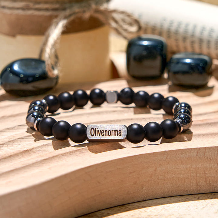 Olivenorma Black Onyx Hematite Beaded Engraved Bracelet - Black Onyx & Hematite - 4th Engraving - image 0