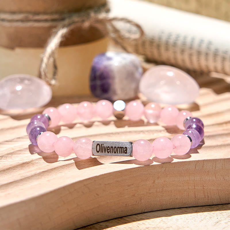 Olivenorma Natural Stone Beaded Engraved Bracelet - Amethyst & Rose Quartz - 4th Engraving - image 7
