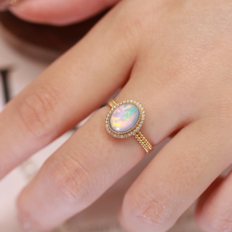 Olivenorma Oval Cut Colorful Opal With Diamonds Ring - image 1