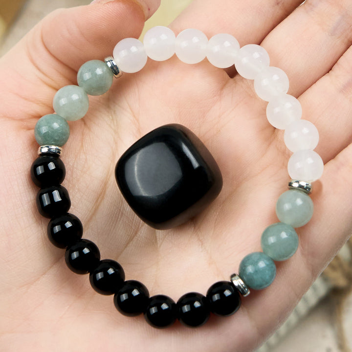 Olivenorma Clear Crystal Amazonite Obsidian Beads Bracelet - Clear Crystal & Amazonite & Obsidian - image 0
