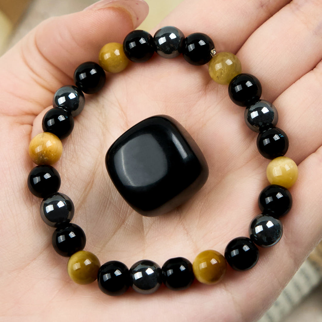Olivenorma Yellow Tiger Eye Obsidian Hematite Beaded Bracelet - Yellow Tiger Eye - image 0
