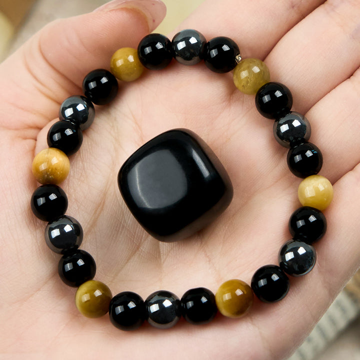 Olivenorma Yellow Tiger Eye Obsidian Hematite Beaded Bracelet - Yellow Tiger Eye - image 0