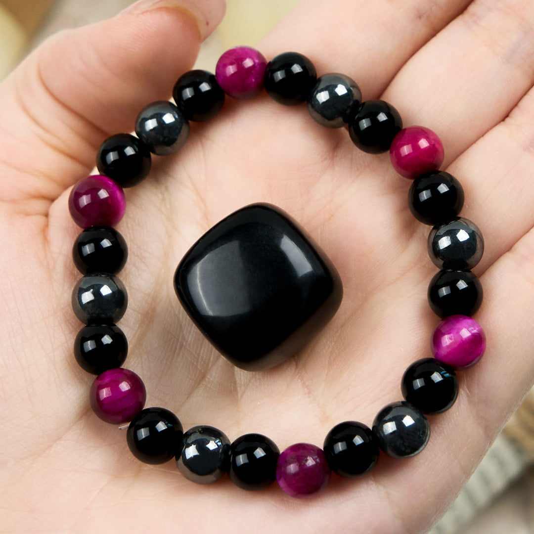 Olivenorma Rose Red Tiger Eye Obsidian Hematite Beaded Bracelet - Rose Red Tiger Eye - image 0