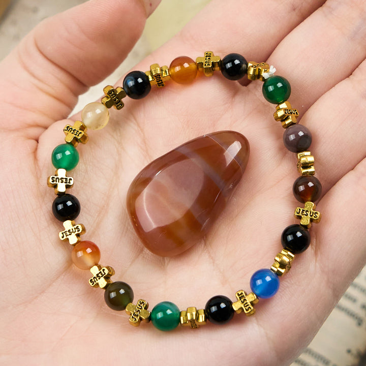 Olivenorma 6mm Natural Color Agate Golden Metal Cross Beads Bracelet - Color Agate - image 0