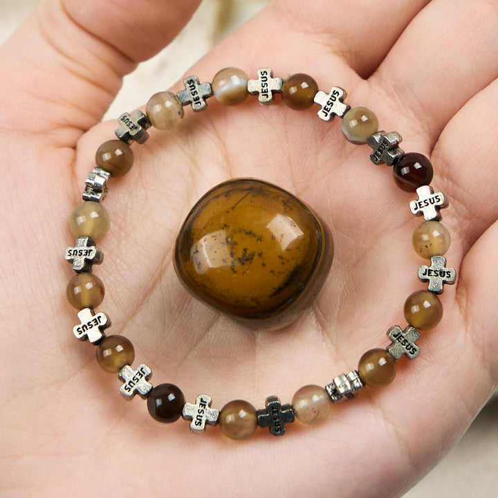 Olivenorma 6mm Natural Agate Metal Cross Beads Bracelet - Agate - image 0