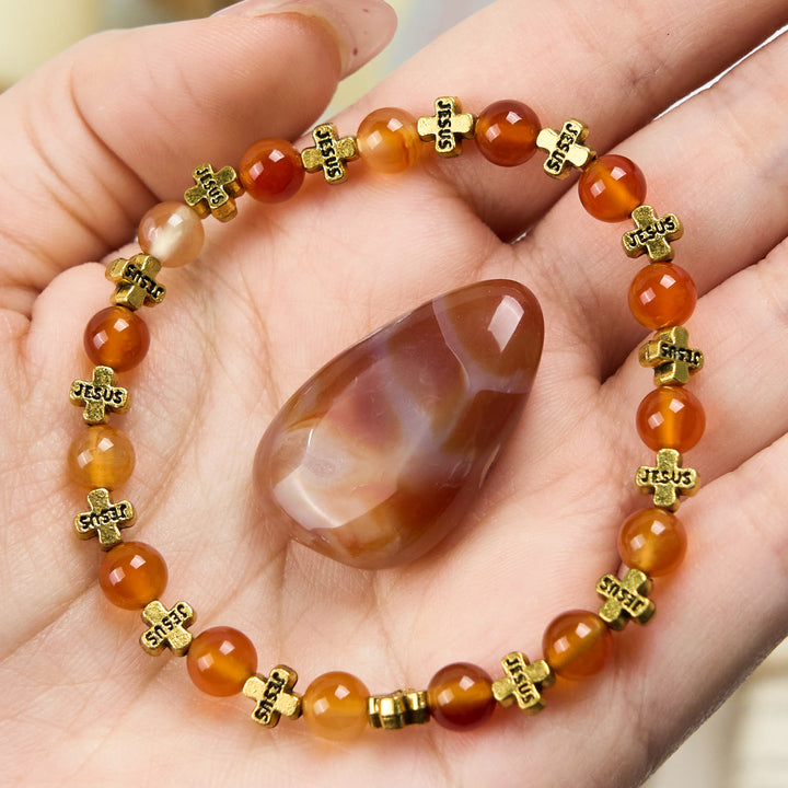 Olivenorma Natural Red Agate Gold Metal Cross Beads Bracelet - Red Agate - image 0