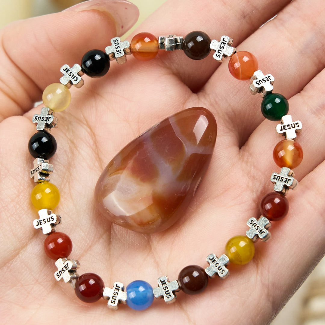 Olivenorma 6mm Natural Color Agate Metal Cross Beads Bracelet - Color Agate - image 0