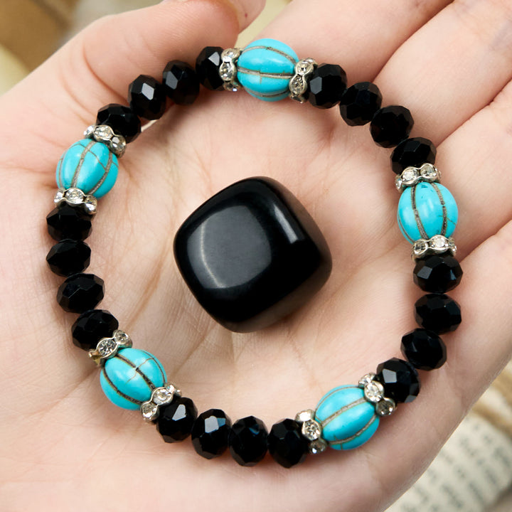 Olivenorma Pumpkin Shape Turquoise Obsidian Beaded Bracelet - Turquoise & Obsidian - image 0