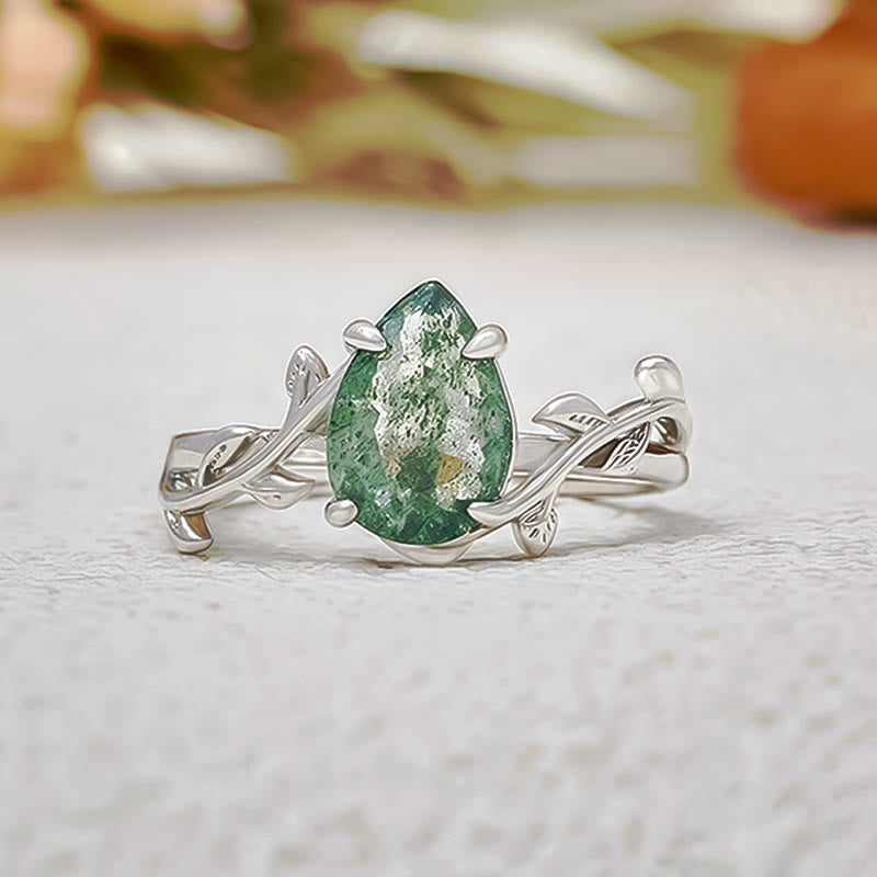 Olivenorma Pear Cut Moss Agate Twisted Leaf Engagement Ring - image 4