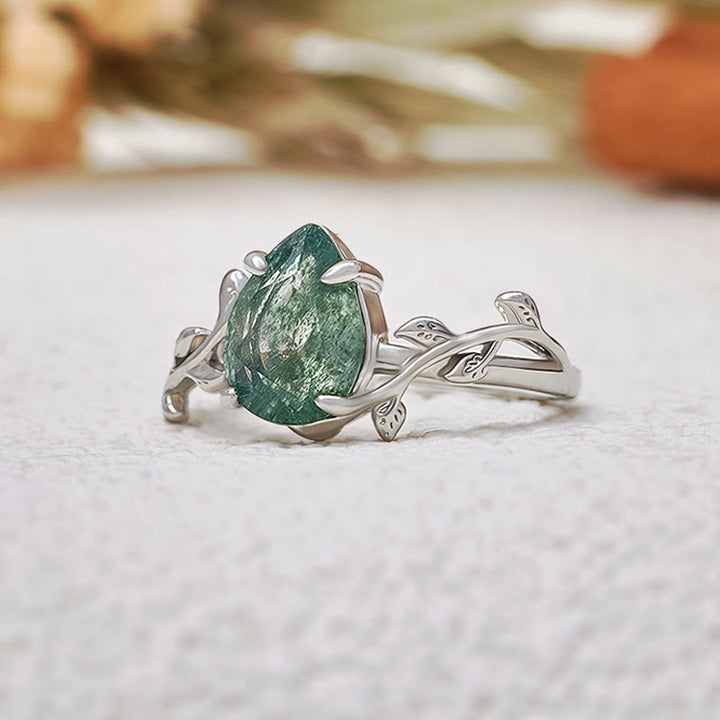 Olivenorma Pear Cut Moss Agate Twisted Leaf Engagement Ring - image 3