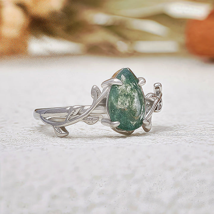 Olivenorma Pear Cut Moss Agate Twisted Leaf Engagement Ring - image 5