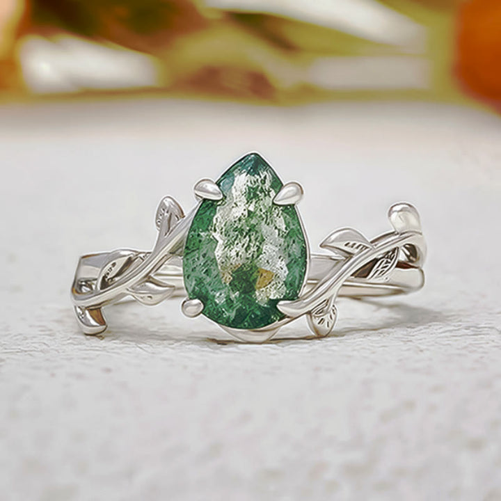 Olivenorma Pear Cut Moss Agate Twisted Leaf Engagement Ring - US 10 - image 0