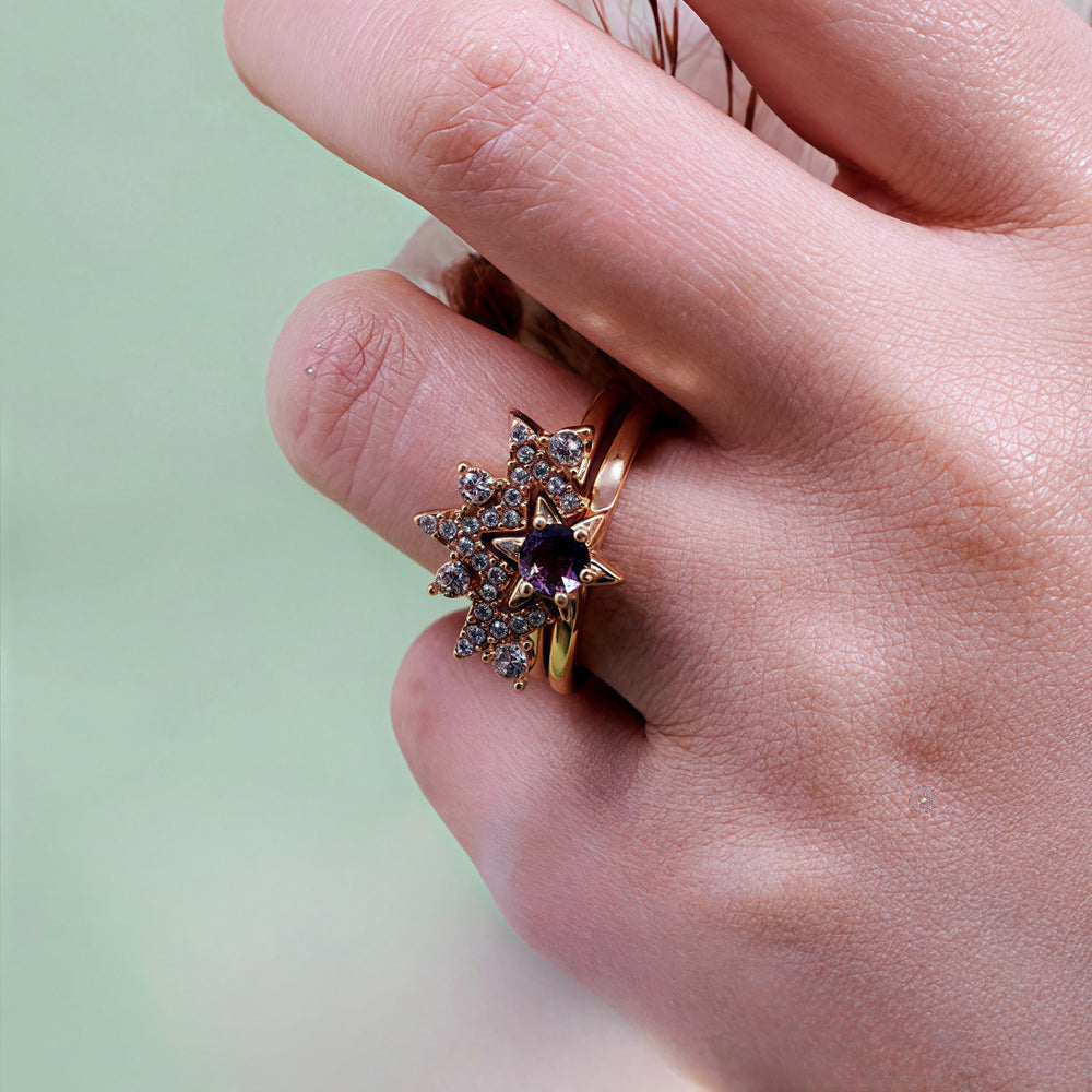 Olivenorma 2Pcs Amethyst White Zircon Star Ring - image 1