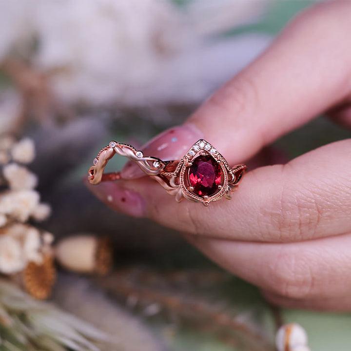 Olivenorma 2Pcs Garnet Opal Zircon Vintage Carved Ring - image 4