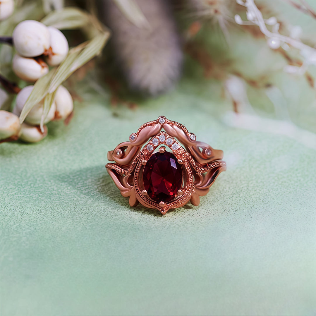 Olivenorma 2Pcs Garnet Opal Zircon Vintage Carved Ring - image 8