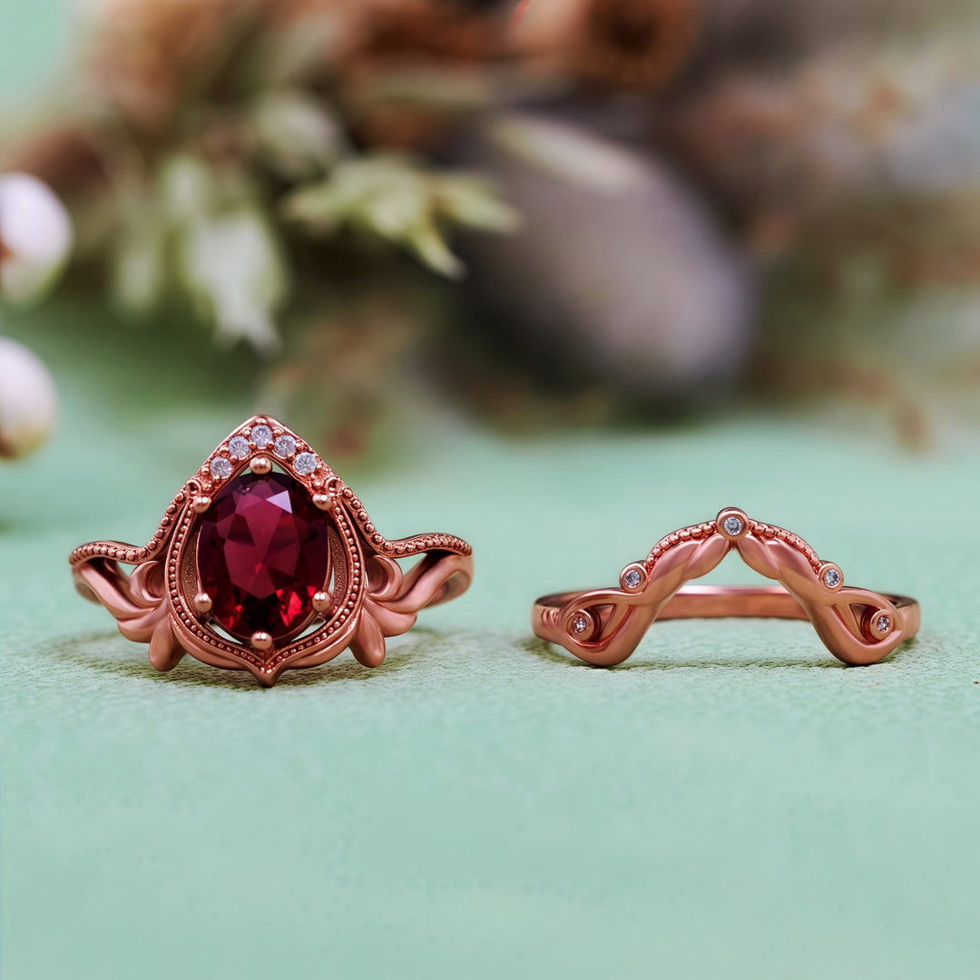 Olivenorma 2Pcs Garnet Opal Zircon Vintage Carved Ring - image 6