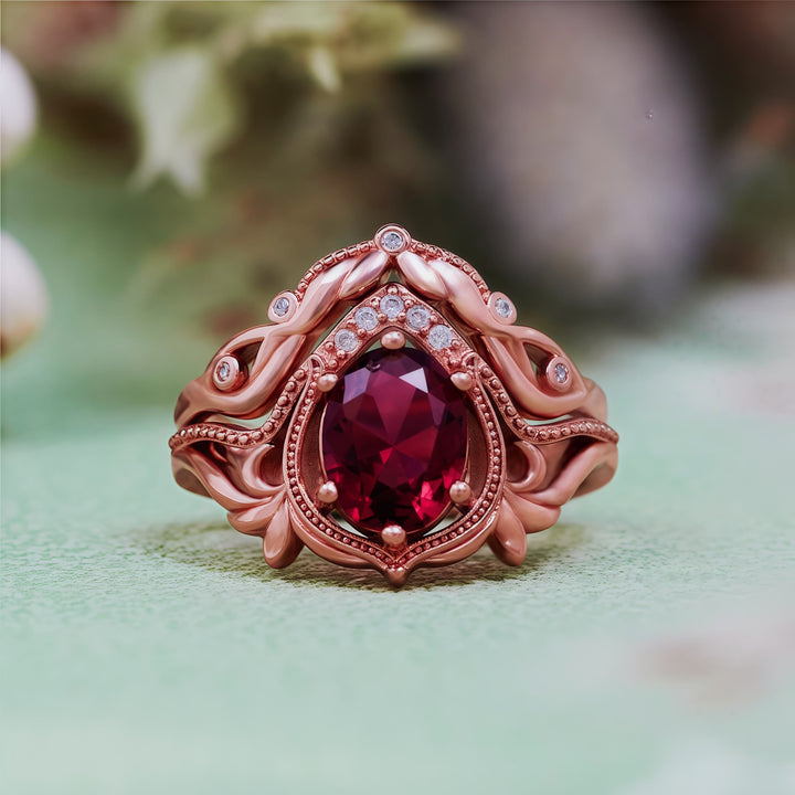 Olivenorma 2Pcs Garnet Opal Zircon Vintage Carved Ring - Garnet - US 10 - image 0