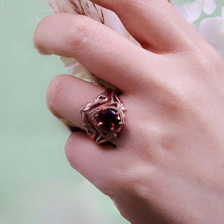 Olivenorma 2Pcs Garnet Opal Zircon Vintage Carved Ring - image 2