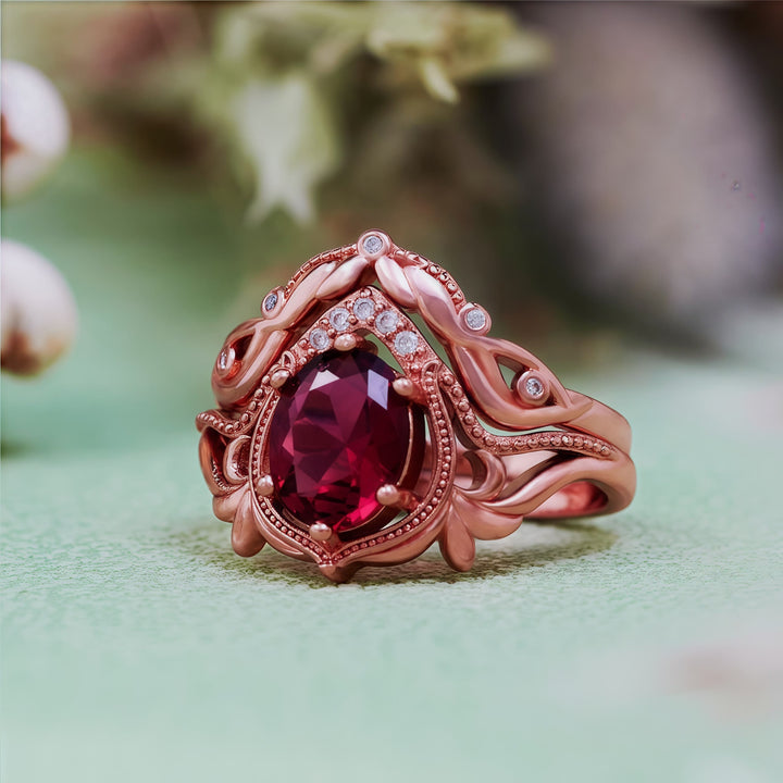 Olivenorma 2Pcs Garnet Opal Zircon Vintage Carved Ring - image 5