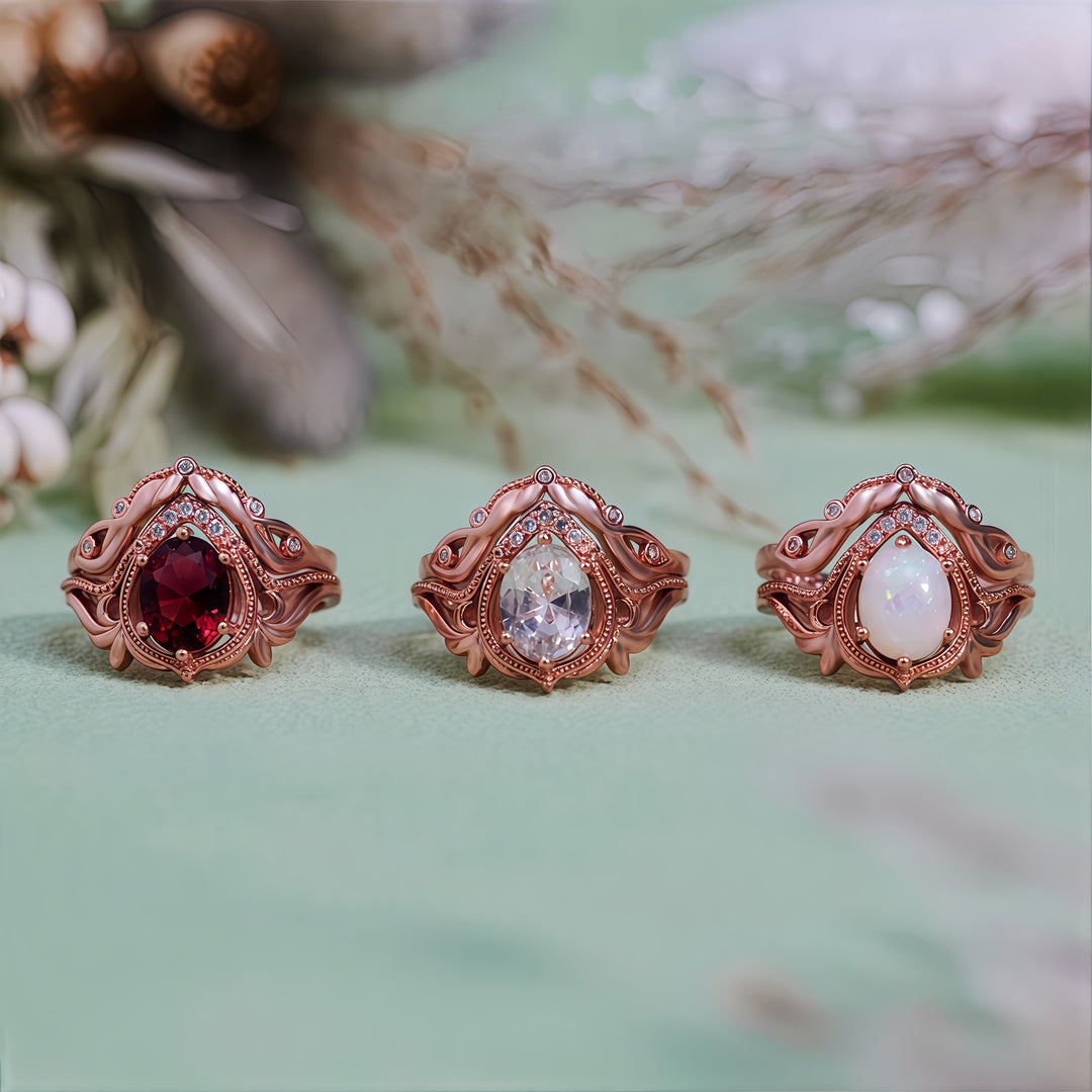 Olivenorma 2Pcs Garnet Opal Zircon Vintage Carved Ring - image 1