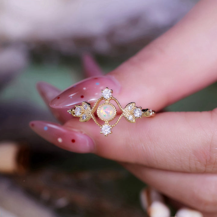 Olivenorma Natural Opal White Zircon Hollow Leaf Ring - image 2