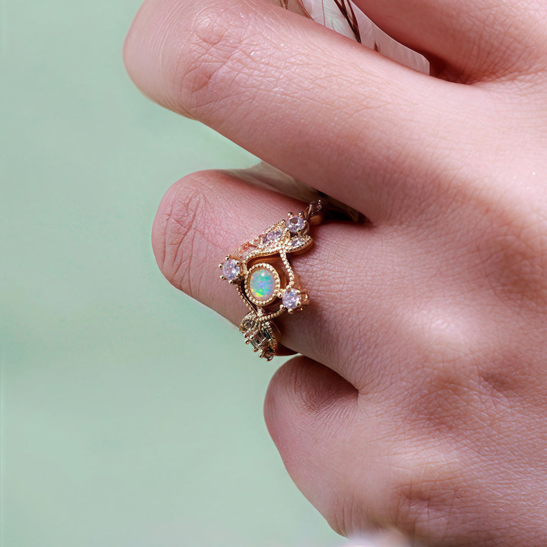 Olivenorma Natural Opal White Zircon Hollow Leaf Ring - image 1