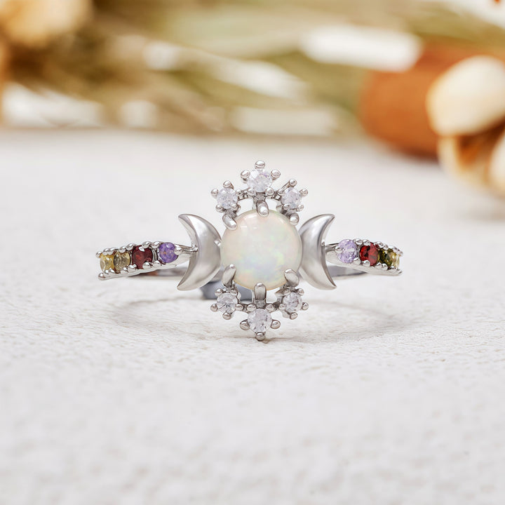 Olivenorma White Opal Triple Moon Goddess Ring - Opal & Colourful Zircon - 10 - image 0