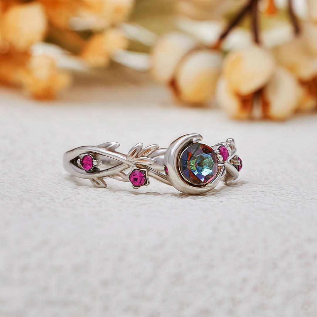 Olivenorma Moon Star Color-Change Alexandrite Branch Leaf Amethyst Engagement Ring - image 5