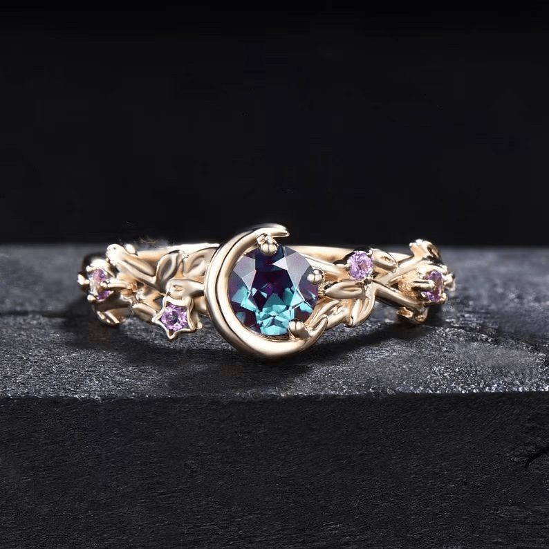 Olivenorma Moon Star Color-Change Alexandrite Branch Leaf Amethyst Engagement Ring - Gold - 10 - image 6
