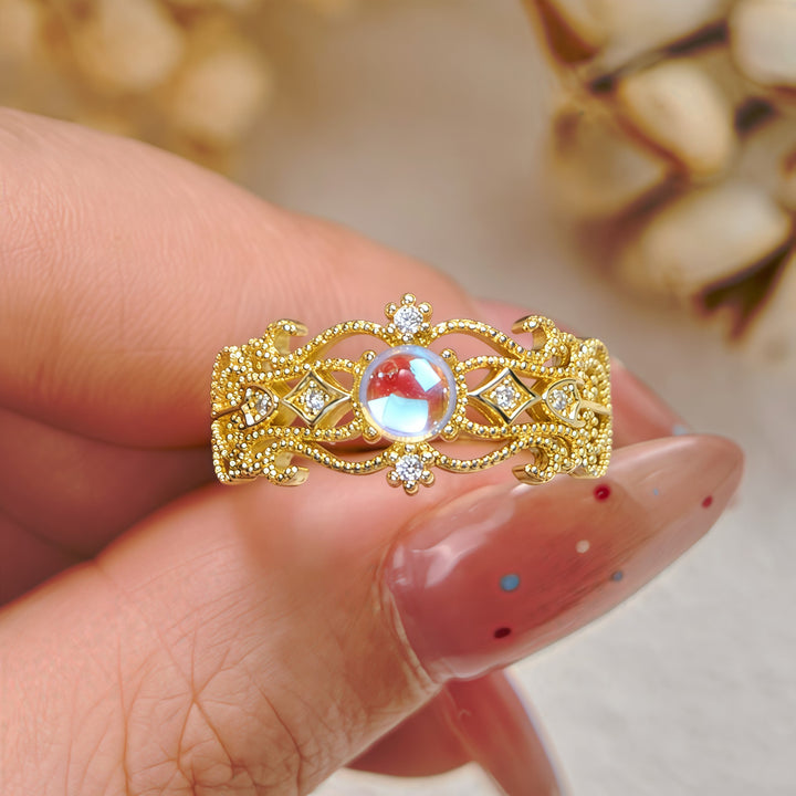 Olivenorma Vintage Hollow Carved Moonstone Ring - image 2