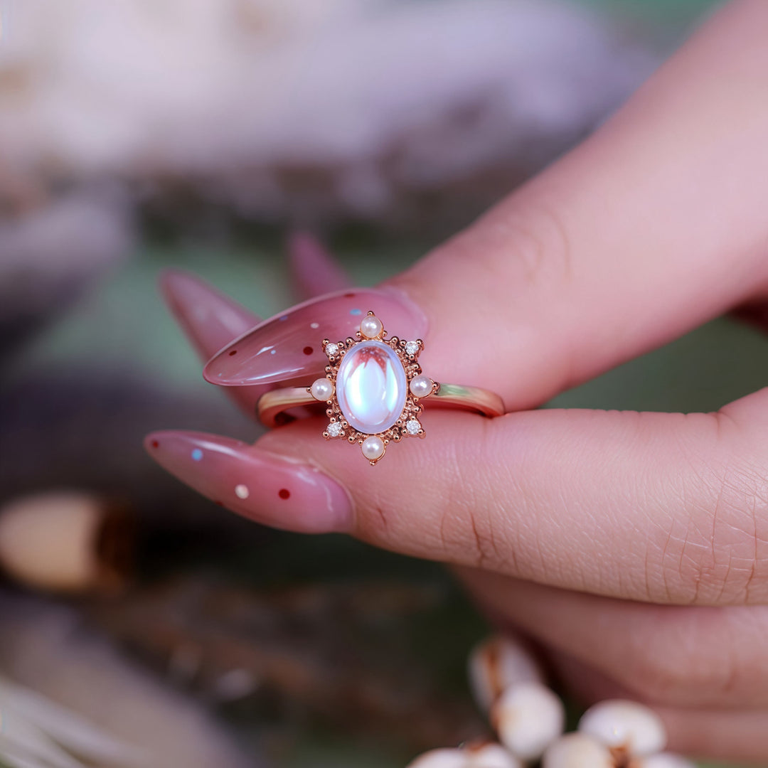 Olivenorma Artificial Moonstone Freshwater Pearl Vintage Style Ring - image 2