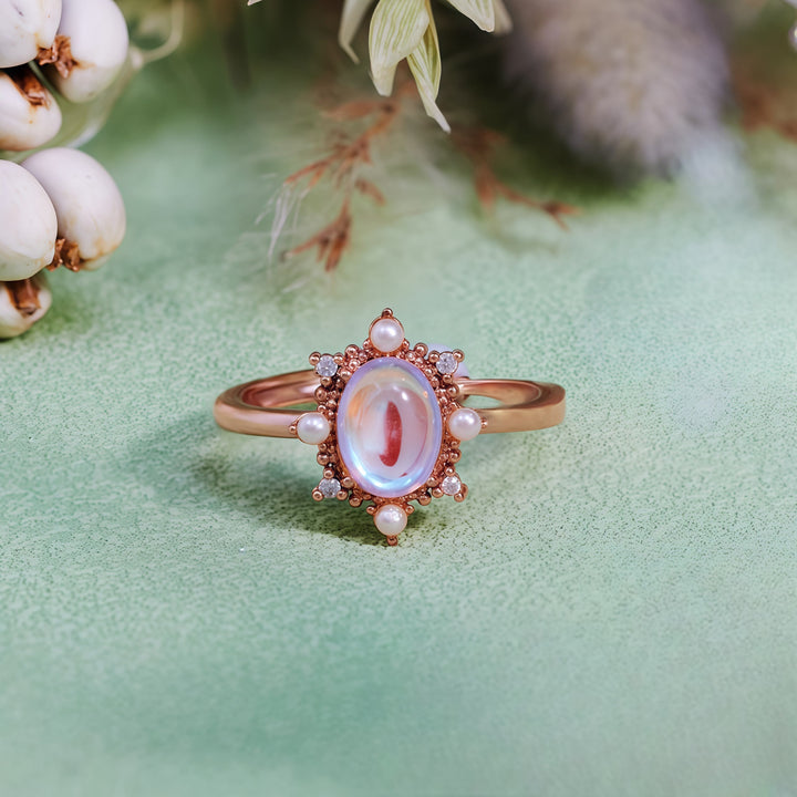 Olivenorma Artificial Moonstone Freshwater Pearl Vintage Style Ring - Moonstone & Freshwater Pearl - image 0