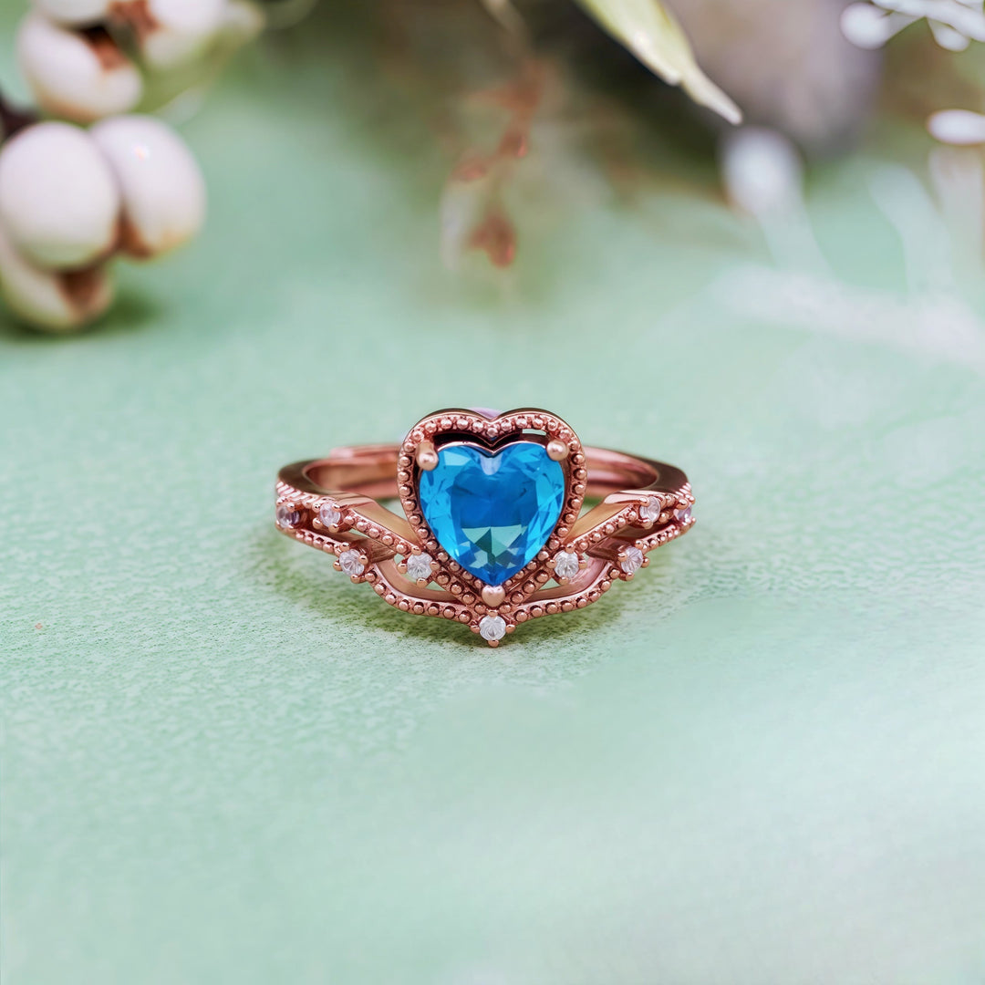 Olivenorma Heart Shape Blue Topaz Crown Shape Ring - image 4