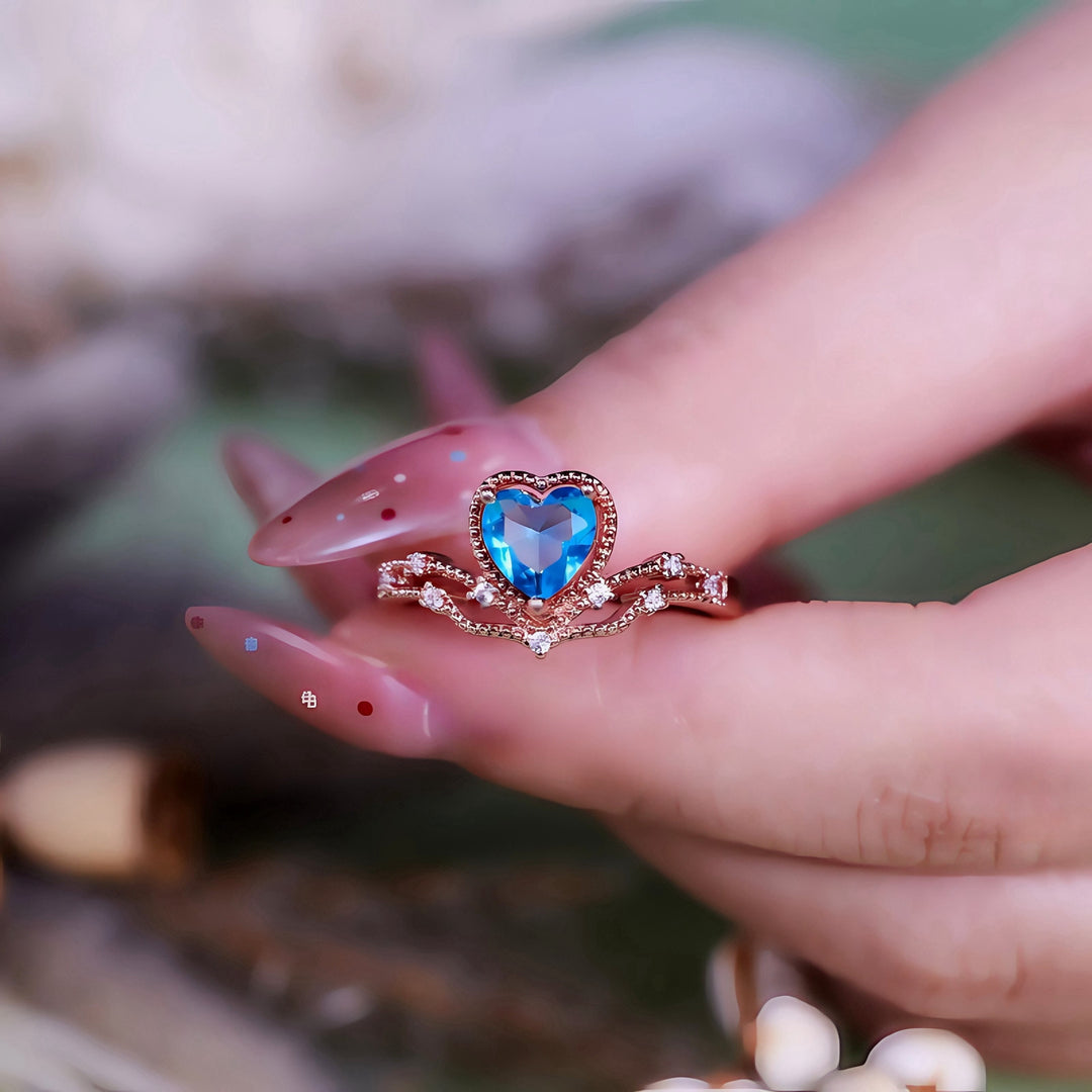 Olivenorma Heart Shape Blue Topaz Crown Shape Ring - image 1