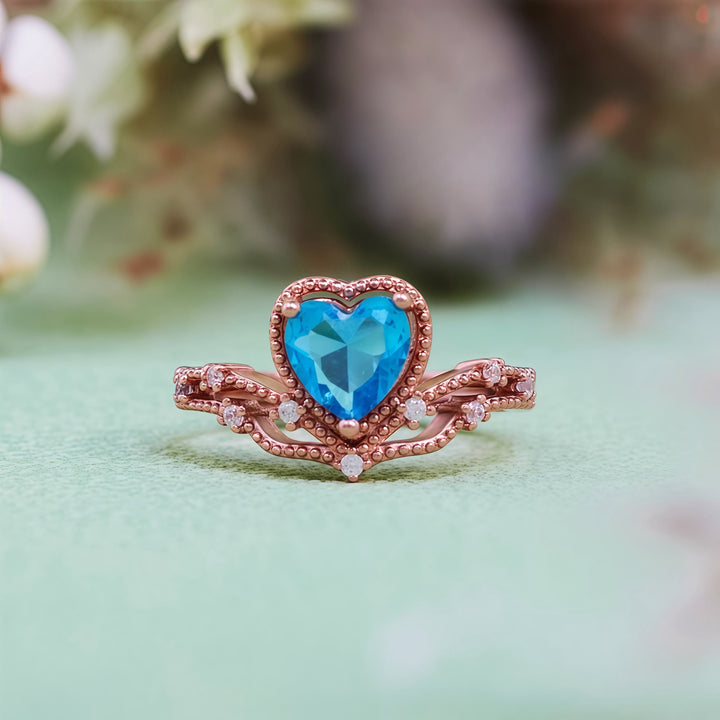 Olivenorma Heart Shape Blue Topaz Crown Shape Ring - Blue Topaz & White Zircon - image 0