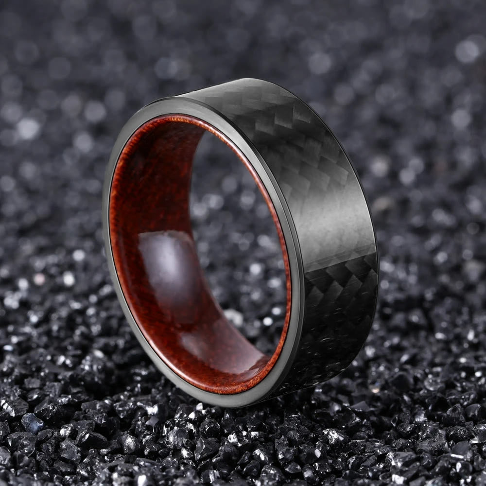 Olivenorma 8mm Black Twill Carbon Fiber Whiskey Barrel Wood Ring - image 1