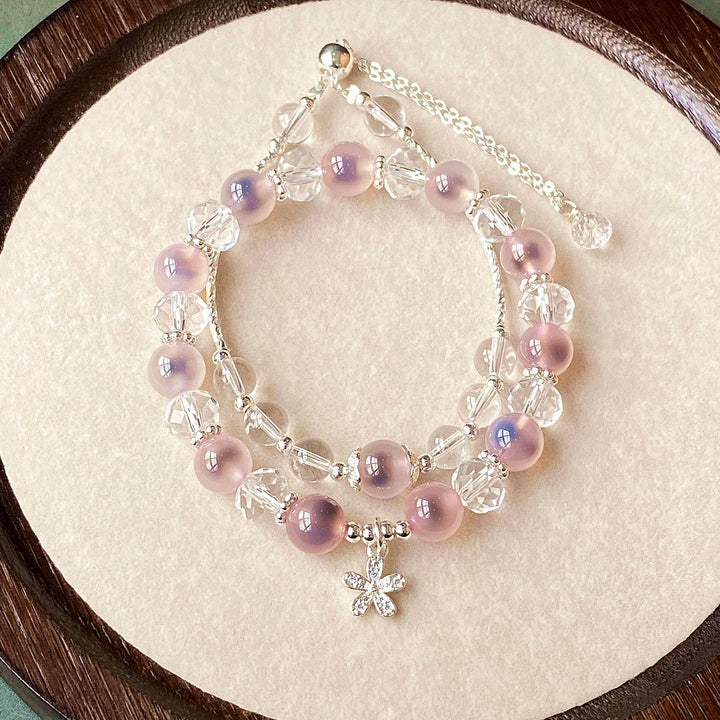 Olivenorma 2Pcs Pink Candy Agate Beaded Bracelet Set - Clear Crystal & Pink Candy Agate - image 0