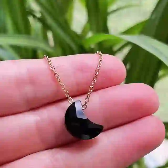 Olivenorma Natural Crystal Moon Cut Stainless Steel Necklace - Obsidian - image 12