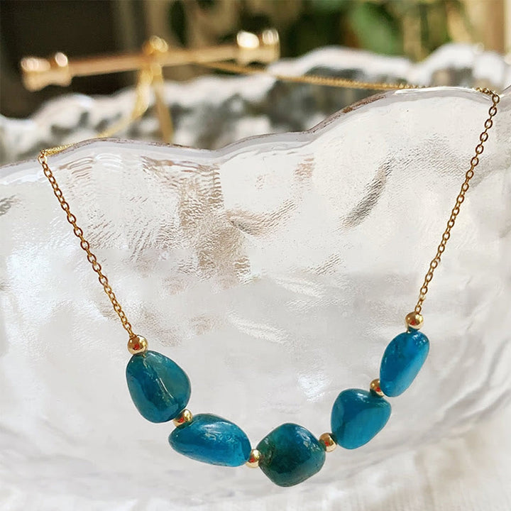 Olivenorma Irregular Natural Stone Beaded Pendant Necklace - Blue Apatite - With Gold Beads - image 10