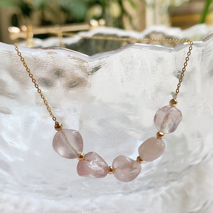 Olivenorma Irregular Natural Stone Beaded Pendant Necklace - Rose Quartz - With Gold Beads - image 31
