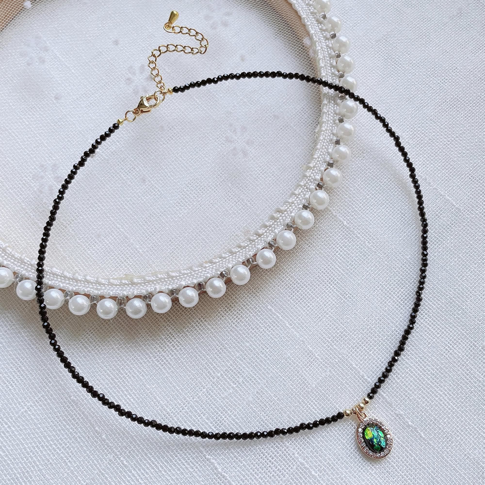 Olivenorma Green Opal Pendant Obsidian Beaded Necklace - Oval Opal - image 1