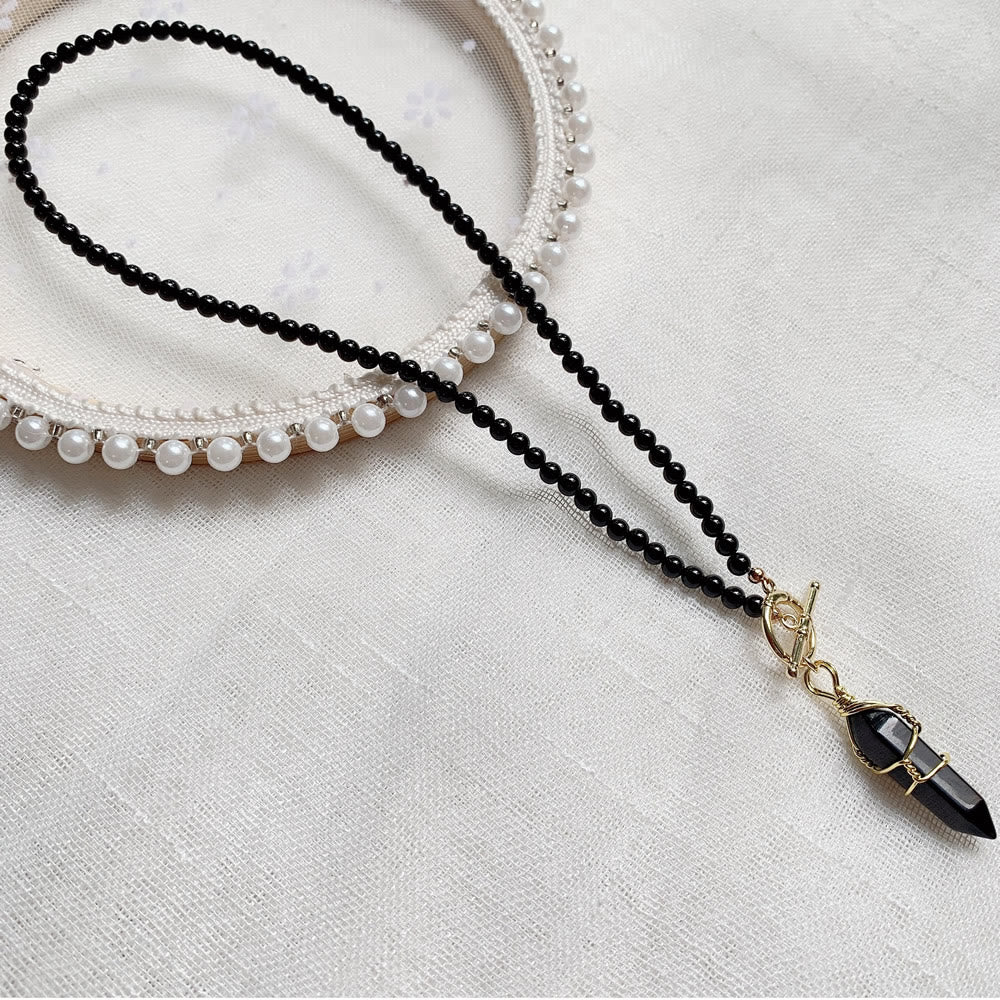 Olivenorma Hexagonal Column Pendant Natural Stone Beaded Necklace - Obsidian - image 9