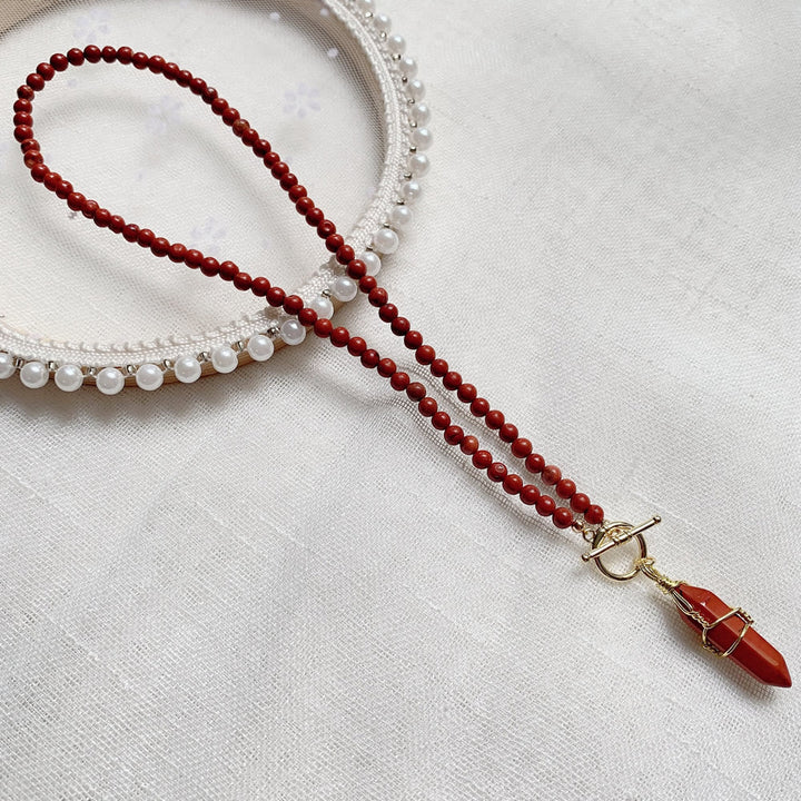 Olivenorma Hexagonal Column Pendant Natural Stone Beaded Necklace - Red Jasper - image 16