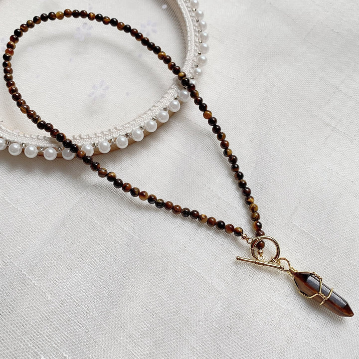 Olivenorma Hexagonal Column Pendant Natural Stone Beaded Necklace - Tiger Eye - image 20