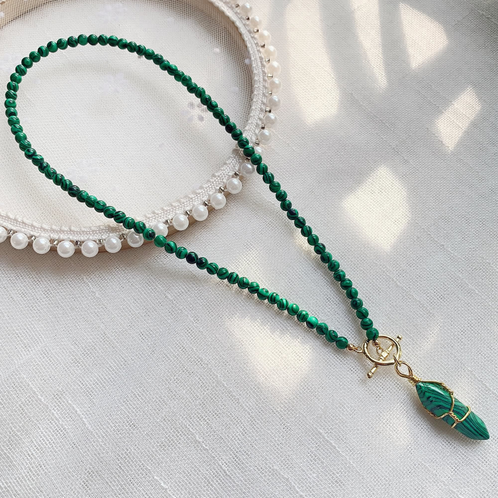 Olivenorma Hexagonal Column Pendant Natural Stone Beaded Necklace - Malachite - image 7