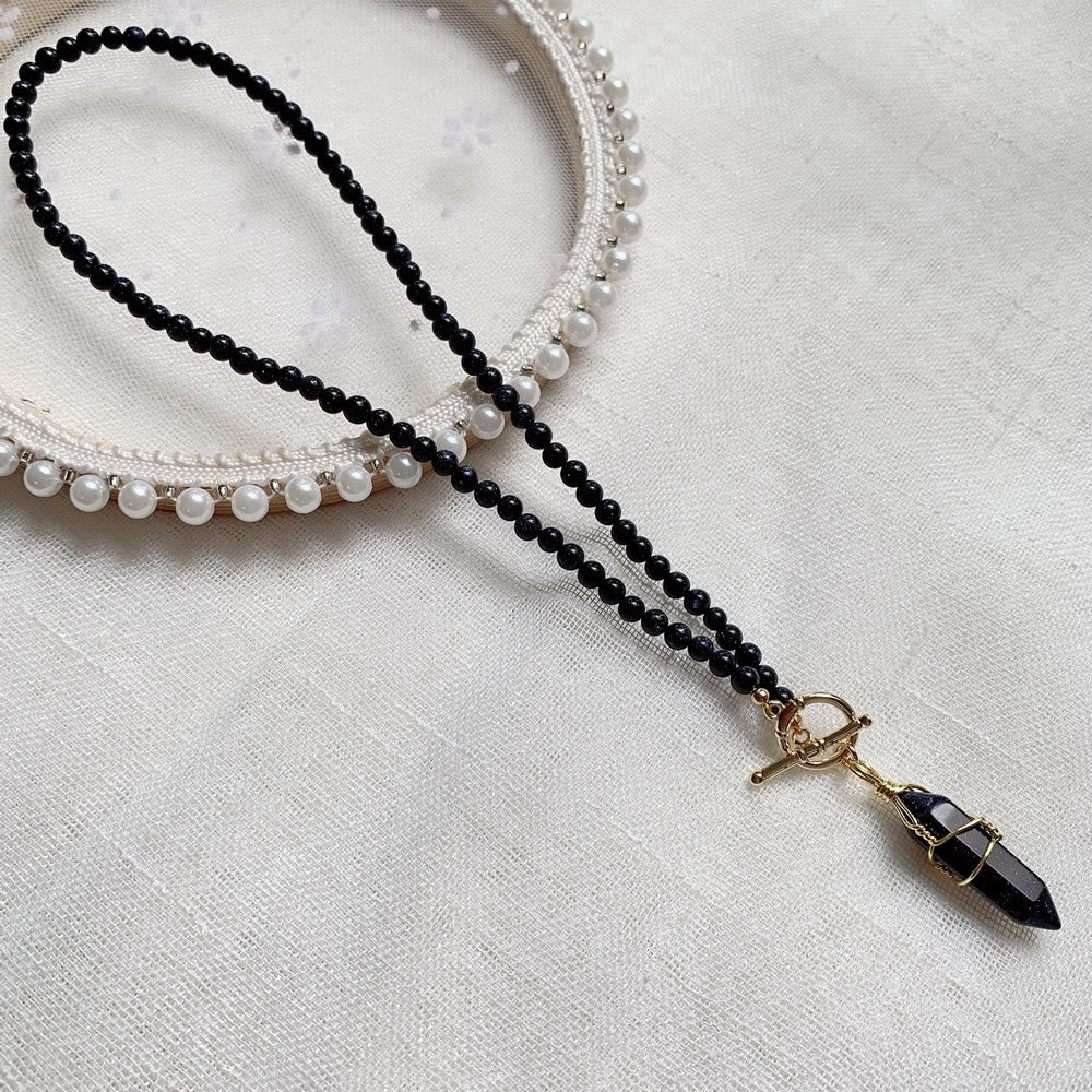 Olivenorma Hexagonal Column Pendant Natural Stone Beaded Necklace - Blue Sandstone - image 1