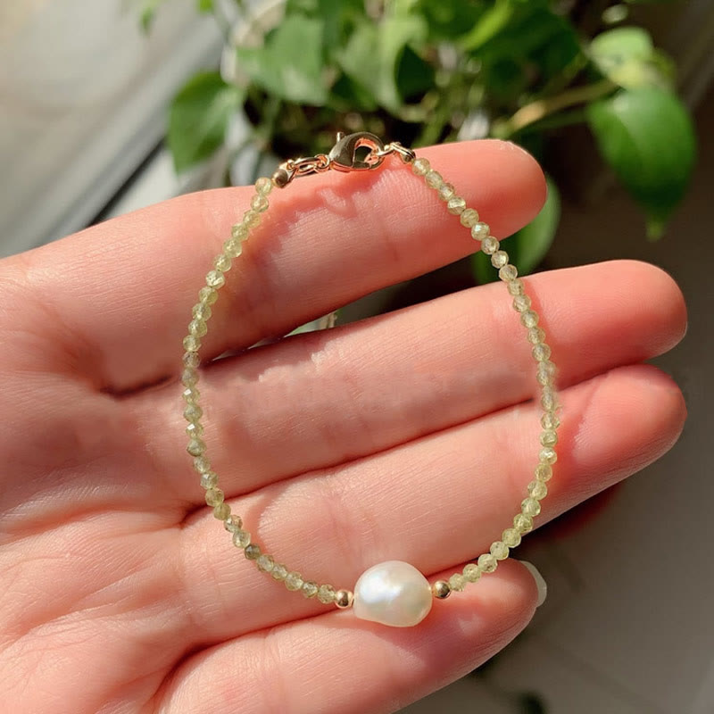 Olivenorma 2mm Stone Beads Freshwater Pearl Pendant Bracelet - Peridot - image 7