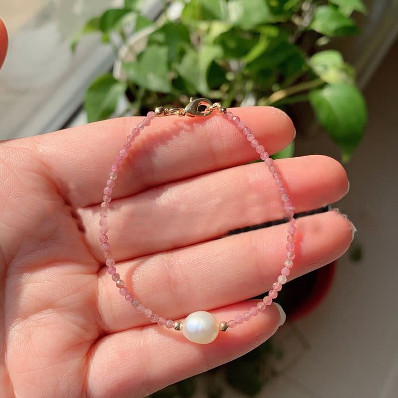 Olivenorma 2mm Stone Beads Freshwater Pearl Pendant Bracelet - Pink Tourmaline - image 12